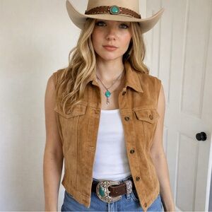 Women’s Tan Suede Leather Vest Large Western Snap Front Lined Tan Pockets D&Co